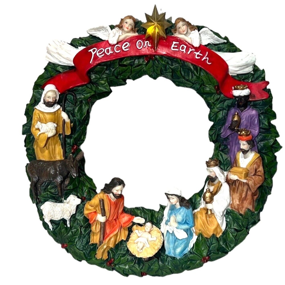 Nativity Christmas Scene Manger‎ w/Top Star Light  Resin 12" Wreath Wall Hanging